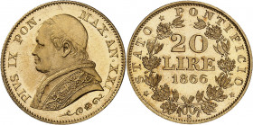 Vatican, Pie IX (1846-1878). 20 lire 1866, R, Rome.
NGC MS 64+ PL (5782534-031).
Av. PIVS IX PON. - MAX. AN. (date). Buste à gauche de Pie IX, au-de...