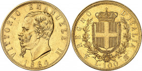 Victor-Emmanuel II (1861-1878). 100 lire 1864, T, Turin.
NGC AU 58 (5782532-008).
Av. VITTORIO EMANVELE II (date). Tête nue à gauche, signature FERR...