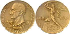 Victor-Emmanuel III (1900-1946). 100 lire, Jubilé d’argent, 25 ans du couronnement, flan mat 1925, R, Rome.
NGC PF 66 MATTE (5950538-001).
Av. VITT....