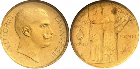 Victor-Emmanuel III (1900-1946). Essai de 20 lire avec Minerve et l’Agriculture en bronze doré par S. Johnson, Flan bruni (PROOF) 1903, Milan (Johnson...