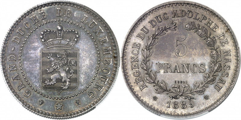 Adolphe de Nassau, régent (1889-1890). Essai de 5 francs 1889, Bruxelles.
PCGS ...