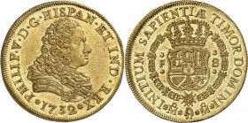 Philippe V (1700-1746). 8 escudos 1732 F, M°, Mexico.
NGC MS 60 (5782532-004).
Av. PHILIP. V. D. G. HISPAN. ET IND. R. Buste cuirassé à droite, au-d...