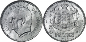 Louis II (1922-1949). 5 francs Louis II 1945, Paris.
PCGS MS66 (36352275).
Av. LOUIS II PRINCE DE MONACO. Tête nue à gauche, au-dessous signature L....