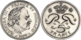 Rainier III (1949-2005). Pré-série de 5 francs par R. Joly 1970, Paris.
PCGS SP66 (41817921).
Av. RAINIER III PRINCE DE MONACO. Tête nue à droite, s...