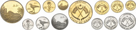 Sultanat d’Oman (depuis 1971). Série de 7 monnaies, 500, 200, 100 et 50 ryals en Or et 20, 10 et 5 ryals en argent, Flans brunis (PROOF) 1971.
PCGS P...