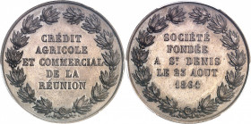 Second Empire / Napoléon III (1852-1870). Jeton du Crédit agricole et commercial de la Réunion 1864, Paris.
PCGS MS65 (42254628).
Av. Dans une couro...