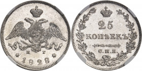 Nicolas Ier (1825-1855). 25 kopeck 1828/7, Saint-Pétersbourg.
NGC MS 62 (5934247-002).
Av. Aigle impériale bicéphale, sous une couronne, tenant un f...