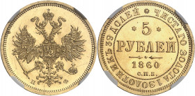 Alexandre II (1855-1881). 5 roubles 1860, Saint-Pétersbourg.
NGC MS 64+ (4492528-002).
Av. Aigle bicéphale éployée et couronnée. 
Rv. Légende en cy...