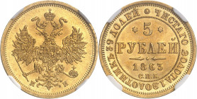 Alexandre II (1855-1881). 5 roubles 1863, Saint-Pétersbourg.
NGC MS 65 (2697049-005).
Av. Aigle bicéphale éployée et couronnée. 
Rv. Légende en cyr...