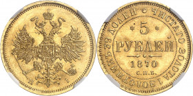Alexandre II (1855-1881). 5 roubles 1870, Saint-Pétersbourg.
NGC MS 64+ (3932835-010).
Av. Aigle bicéphale éployée et couronnée. 
Rv. Légende en cy...