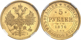 Alexandre II (1855-1881). 5 roubles 1876, Saint-Pétersbourg.
NGC MS 64 (3835340-013).
Av. Aigle bicéphale éployée et couronnée. 
Rv. Légende en cyr...