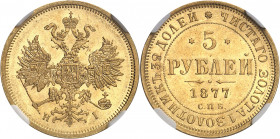 Alexandre II (1855-1881). 5 roubles 1877, Saint-Pétersbourg.
NGC MS 61 (5776635-002).
Av. Aigle bicéphale éployée et couronnée. 
Rv. Légende en cyr...