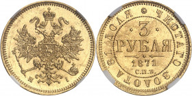 Alexandre II (1855-1881). 3 roubles 1871, Saint-Pétersbourg.
NGC MS 64 (3931285-011).
Av. Aigle bicéphale éployée et couronnée. 
Rv. Légende en cyr...