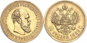 Alexandre III (1881-1894). 10 roubles 1889, Saint-Pétersbourg.
PCGS AU55 (40602552).
Av. Légende en cyrillique. Tête nue à droite. 
Rv. Aigle bicép...