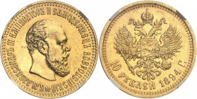 Alexandre III (1881-1894). 10 roubles 1894, Saint-Pétersbourg.
NGC AU 58 (5777484-001).
Av. Légende en cyrillique. Tête nue à droite. 
Rv. Aigle bi...