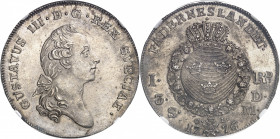 Gustave III (1771-1792). Riksdaler (3 daler Silvermynt) 1776 OL, Stockholm.
NGC MS 65 (5781461-006).
Av. GUSTAVUS III. D. G. REX SVECIAE. Tête nue d...