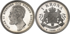 Oscar II (1872-1907). 1 krona, Flan bruni (PROOF) 1889 EB, Stockholm.
PCGS PR67 DCAM (40176870).
Av. OSCAR II SVERIGES OCH NORGES KONUNG. Tête nue à...