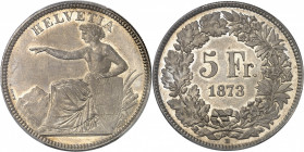 Confédération Helvétique (1848 à nos jours). 5 francs 1873, B, Berne.
PCGS MS63 (39807034).
Av. HELVETIA. Helvetia assise à gauche, appuyée sur un é...