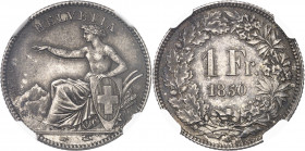 Confédération Helvétique (1848 à nos jours). 1 franc 1850, A, Paris.
NGC MS 66 (6141753-004).
Av. HELVETIA. Helvetia assise à gauche, appuyée sur un...