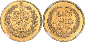 Mohamed el-Sadik Bey (1859-1882). 10 piastres Or AH 1281 (1864), Tunis.
NGC MS 66 (5780842-026).
Av. Dans une couronne formée de deux branches, insc...