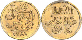 Mohamed el-Sadik Bey (1859-1882). 5 piastres Or AH 1281 (1864), Tunis.
PCGS MS63 (41821034).
Av. Dans le champ, inscriptions et (date). 
Rv. Dans l...