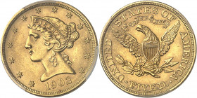 République fédérale des États-Unis d’Amérique (1776-à nos jours). 5 dollars Liberty 1902, Philadelphie.
PCGS MS64 (41821379).
Av. Dans une bordure d...