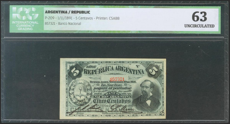 ARGENTINA. 5 Centavos. 1 November 1891. (Pick: 209). ICG63. Todas las imágenes d...