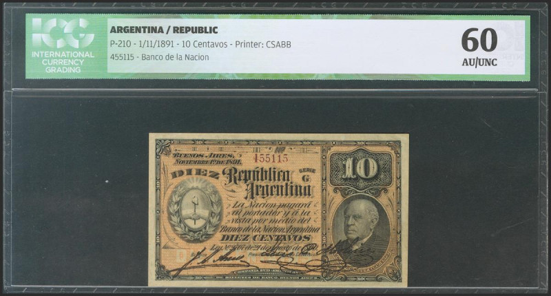 ARGENTINA. 10 Centavos. 1 November 1891. (Pick: 210). ICG60. Todas las imágenes ...