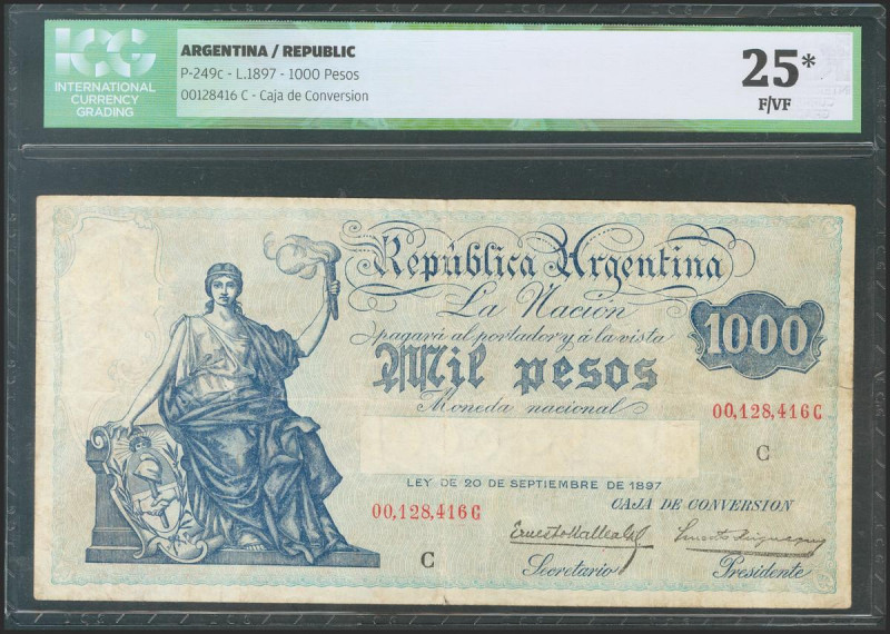 ARGENTINA. 1000 Pesos. 1897. Serie C. (Pick: 249c). ICG25*(Glued 1 cm tear at ri...