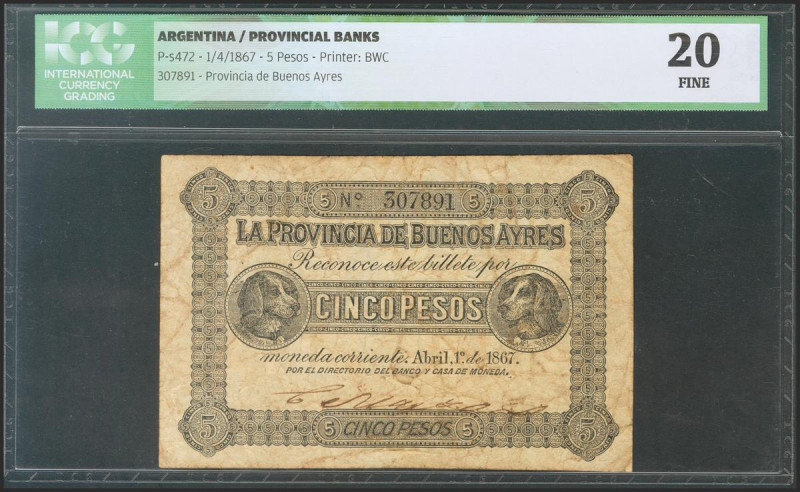 ARGENTINA. 5 Pesos. 1 April 1867. (Pick: s472). ICG20. Todas las imágenes dispon...