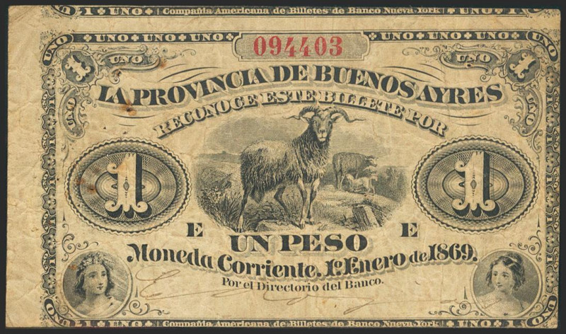 ARGENTINA. 1 Peso. 1869. Provincia de Buenos Aires. (Pick: S481a). Rare. Pinhole...