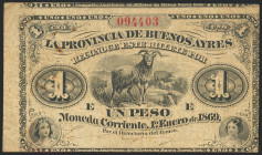 ARGENTINA. 1 Peso. 1869. Provincia de Buenos Aires. (Pick: S481a). Rare. Pinholes. Fine. Todas las imágenes disponibles en la página web de Ibercoin