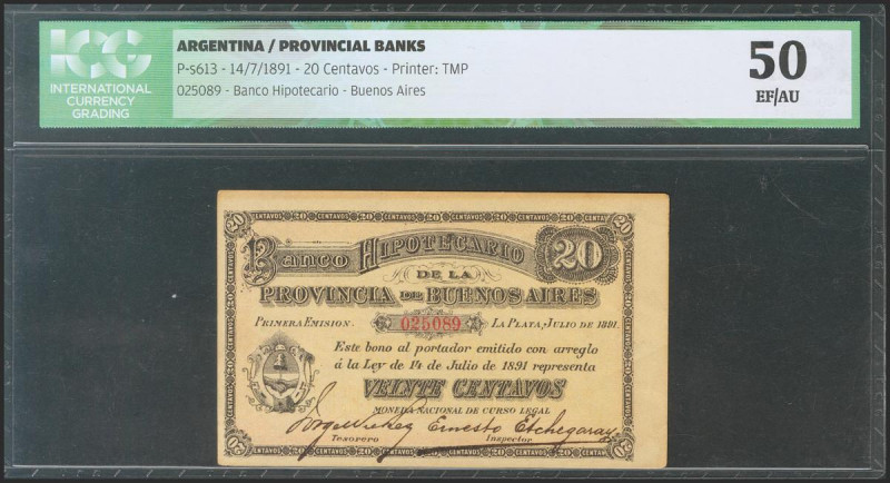 ARGENTINA. 20 Centavos. 14 July 1891. (Pick: s613). ICG50. Todas las imágenes di...
