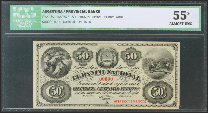 ARGENTINA. 50 Centavos Fuertes. 1 August 1873. Serie A. Specimen. (Pick: s647s)....