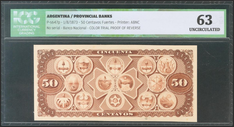 ARGENTINA. 50 Centavos Fuertes. 1 August 1891. Proof of Reverse. (Pick: s647p). ...