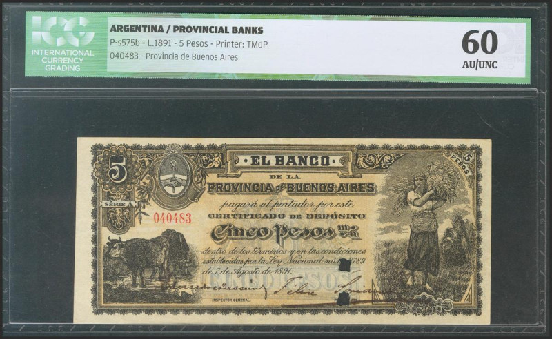 ARGENTINA. 5 Pesos. 1891. Serie A. (Pick: s575b). ICG60. Todas las imágenes disp...
