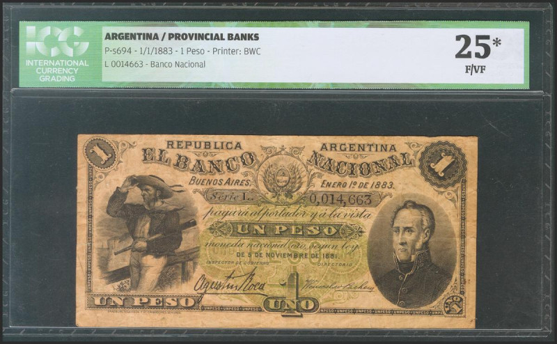 ARGENTINA. 1 Peso. 1 January 1883. (Pick: s694). ICG25*(Small tears at left). To...