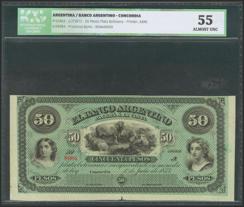 ARGENTINA. 50 Pesos Plata Boliviana. 1 July 1873. (Pick: s1463). ICG55. Todas la...