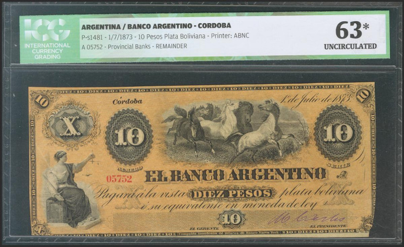 ARGENTINA. 10 Pesos Plata Boliviana. 1 July 1873. (Pick: s1481). ICG63*(Miscut a...