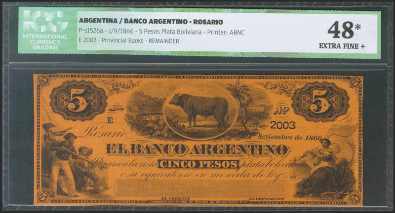 ARGENTINA. 5 Pesos Plata Boliviana. 1 September 1866. (Pick: s1526a). ICG48*(Min...