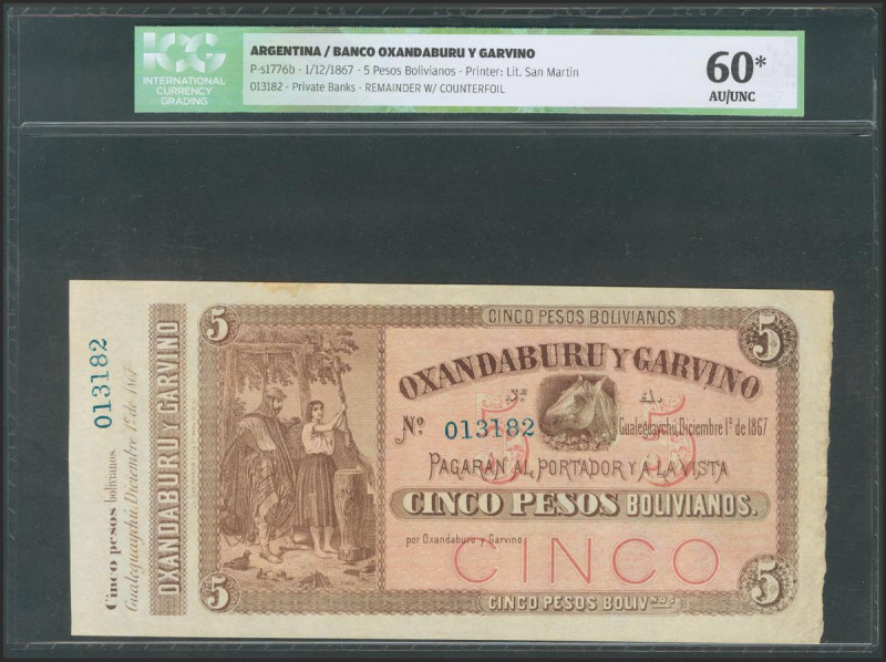 ARGENTINA. 5 Pesos Bolivianos. 1 December 1867. (Pick: s1776b). Counterfoil. ICG...