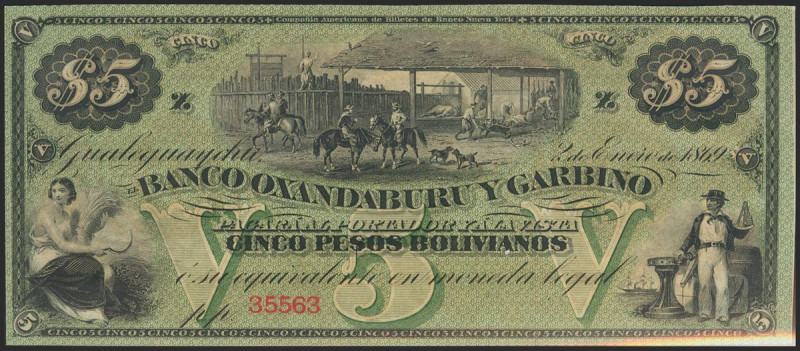 ARGENTINA. 5 Pesos Bolivianos. 1869. Banco Oxandaburu y Garbino. (Pick: S1783r)....