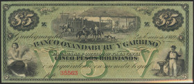 ARGENTINA. 5 Pesos Bolivianos. 1869. Banco Oxandaburu y Garbino. (Pick: S1783r). Extremely attractive, unsigned remainder note. Uncirculated. Todas la...