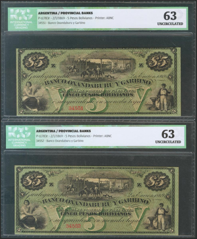 ARGENTINA. 5 Pesos Bolivianos. 2 January 1869. Correlative couple. (Pick: s1783r...