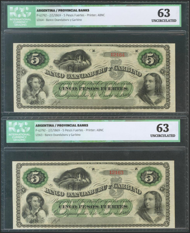 ARGENTINA. 5 Pesos Fuertes. 2 January 1869. Correlative couple. (Pick: s1792). I...