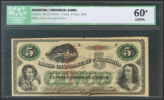 ARGENTINA. 5 Pesos. 2 January 1869. Low Numeration. (Pick: s1803). ICG60* (DAMAGE AT SIGNATURE AT BOTTOM). Todas las imágenes disponibles en la página...