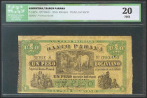 ARGENTINA. 1 Peso Boliviano. (1868ca). Serie A. (Pick: s1815a). ICG20. Todas las imágenes disponibles en la página web de Ibercoin