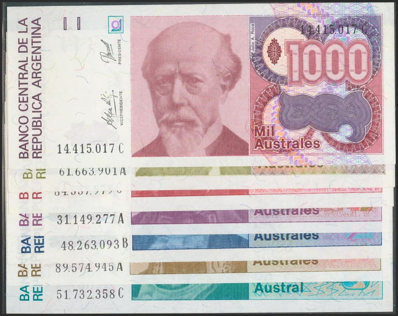 ARGENTINA. Set of 7 banknotes, full series of australes (1985-1990). Uncirculate...
