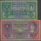AUSTRIA. Set of 2 banknotes of 5 Schilling and 10 Schilling from 1925. (Pick: 88, 89). Rare, vertical creases on 89, some mishandling on margins and c...