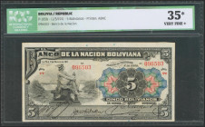 BOLIVIA. 5 Bolivianos. 11 March 1911. Serie TT. (Pick: 105b). ICG35*(Paper thin). Todas las imágenes disponibles en la página web de Ibercoin